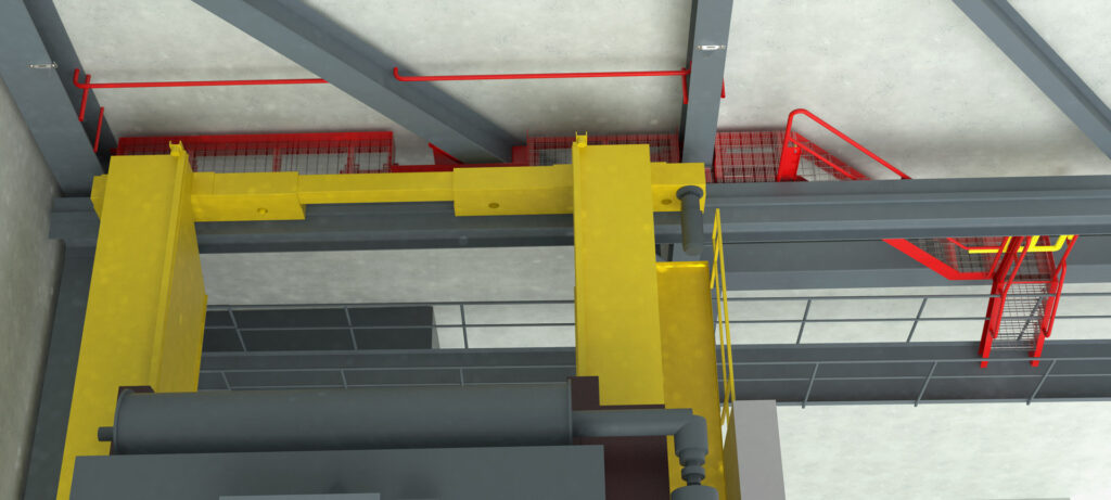 3D-modell säkerhet vid kran och travers med fallskydd och plattform