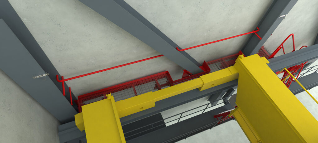 3D-modell säkerhet vid kran och travers med fallskydd och plattform
